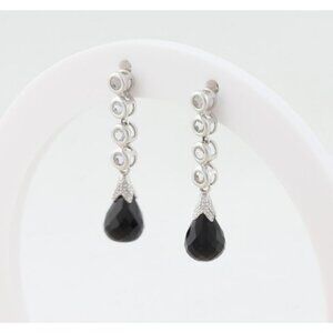 10k White Gold Natural White Topaz & Onyx Earrings Dangle Drop 1" x 1/4" inch